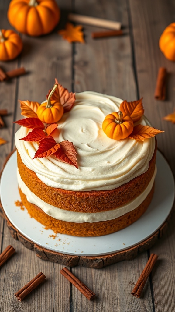 A pumpkin spice cake with cream cheese frosting, decorated with autumn leaves and pumpkins on a wooden table.
